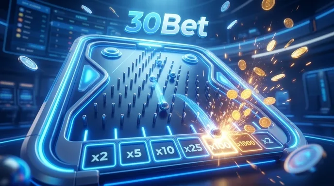 Plinko-bord bij 30Bet met balletjes die in multiplier-vakken vallen