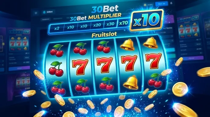 Fruitslot bij 30Bet met cherries en lucky sevens op een grote winst en een multiplier-banner