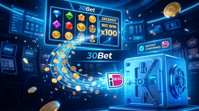 iDEAL-uitbetaling bij 30Bet: gouden munten stromen via een betaalschild naar een kluis
