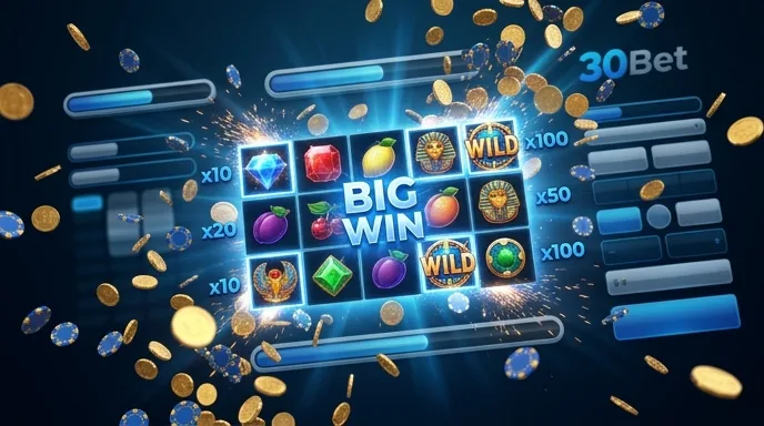 Themaslot bij 30Bet met een grote bonuswinst, sprankelende symbolen en gouden munten